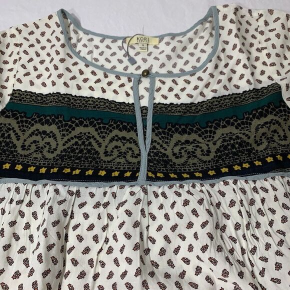 Kori America Women's S Ivory Print Blouse Geometric Bell Sleeve Boho‎ Swing NWOT - Picture 10 of 10
